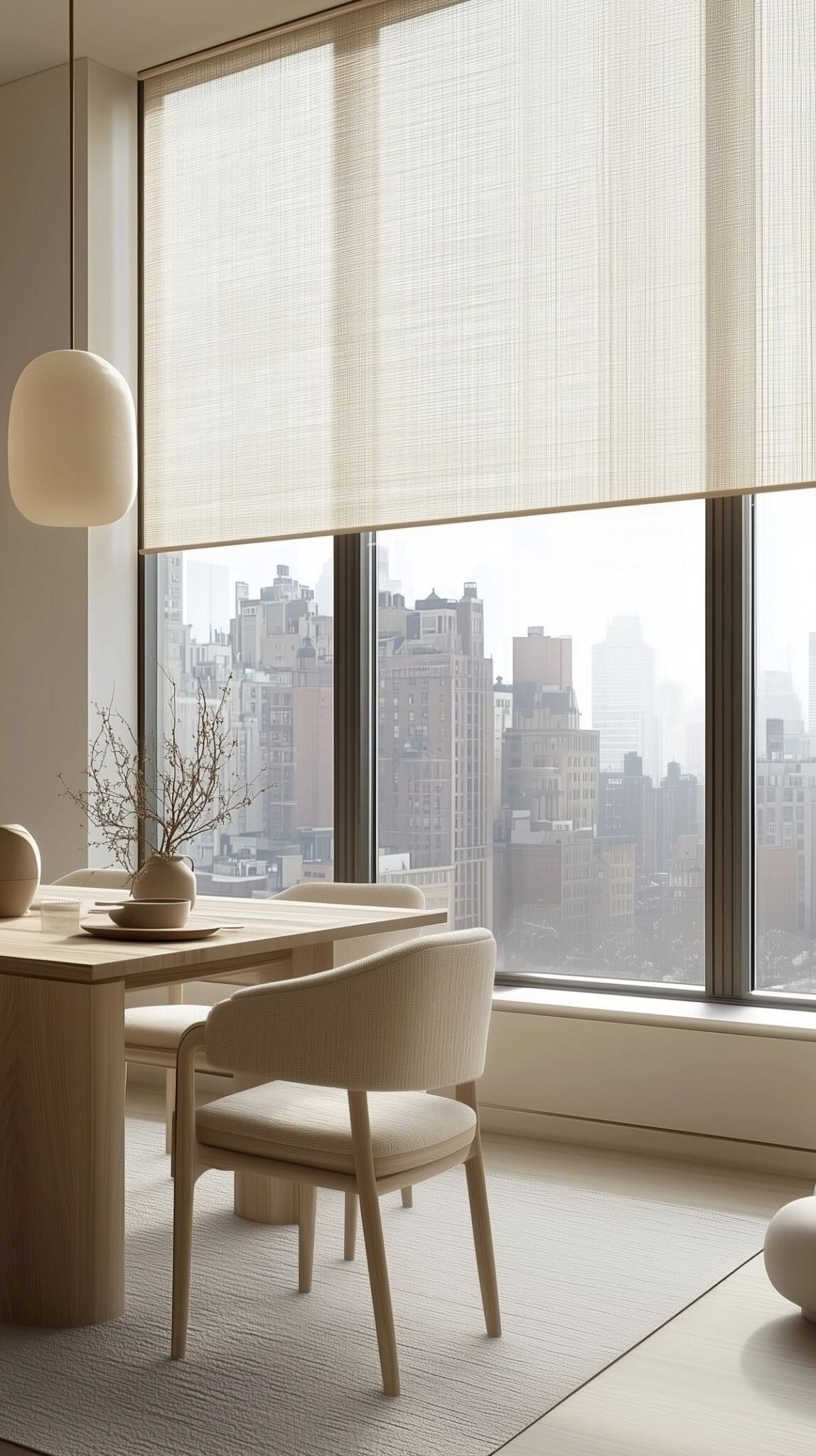 Comedor con cortinas crema