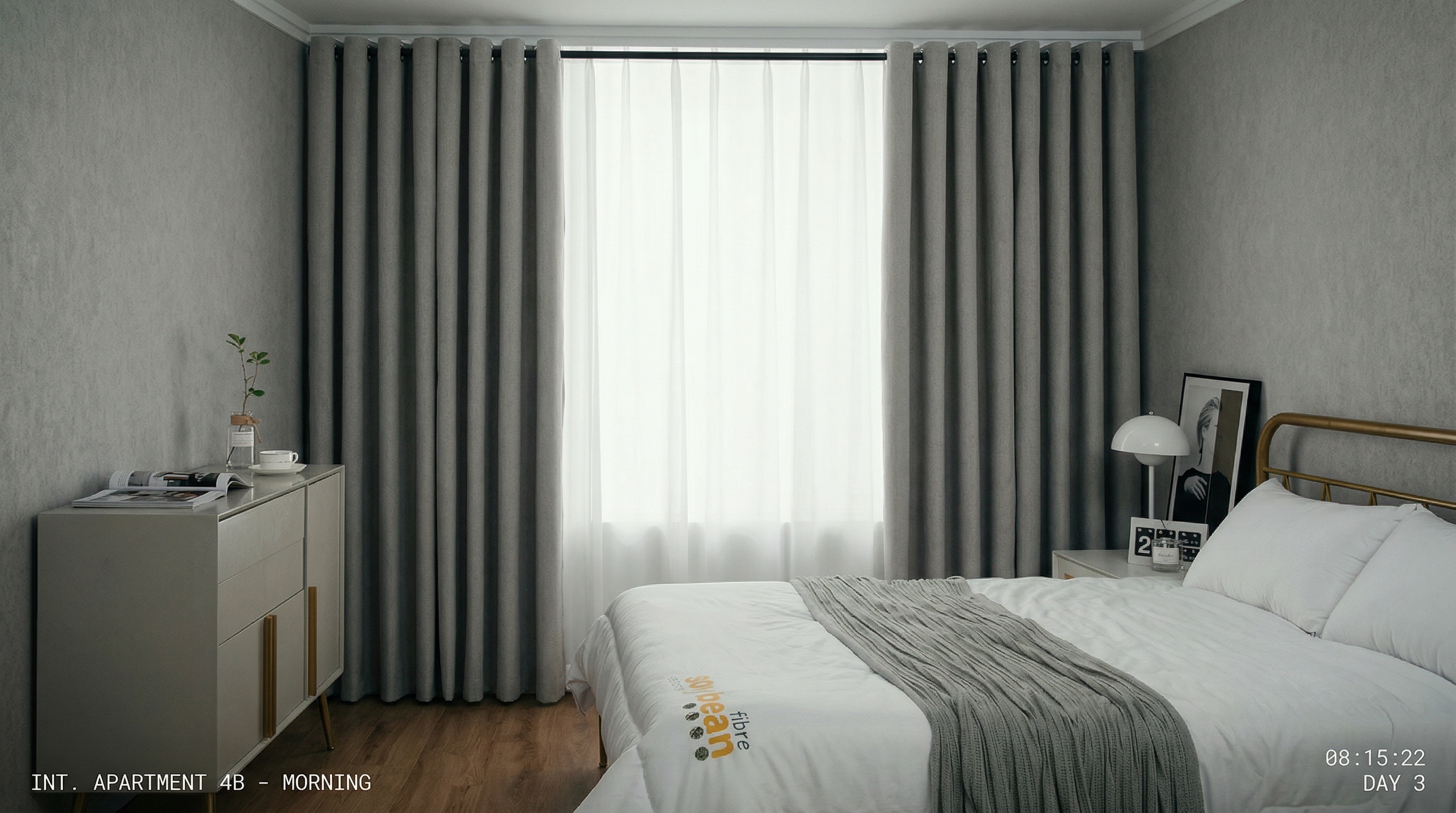 Dormitorio minimalista con rollers grises