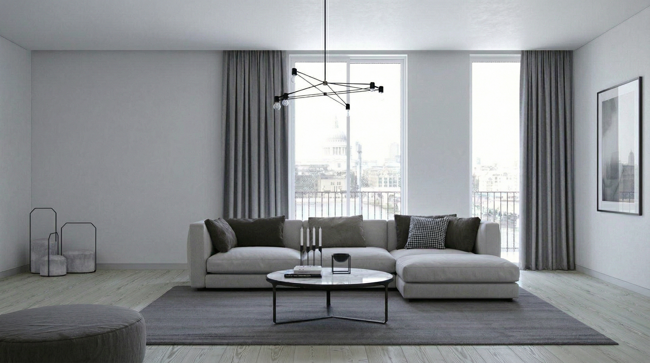 Comedor contemporáneo con cortinas crema